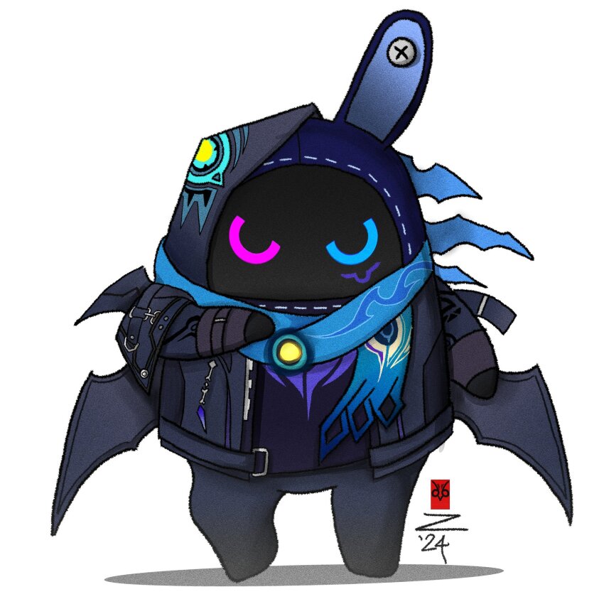 action_pose, animal_ears, bangboo_(zenless_zone_zero), bat_wings, black_hoodie, black_jacket, blue_scarf, cokecharon, crossover, genshin_impact, heterochromia, highres, hood, hoodie, jacket, no_humans, open_clothes, open_jacket, ororon_(genshin_impact), rabbit_ears, scarf, simple_background, tattoo, torn_clothes, torn_hood, torn_hoodie, wings, zenless_zone_zero