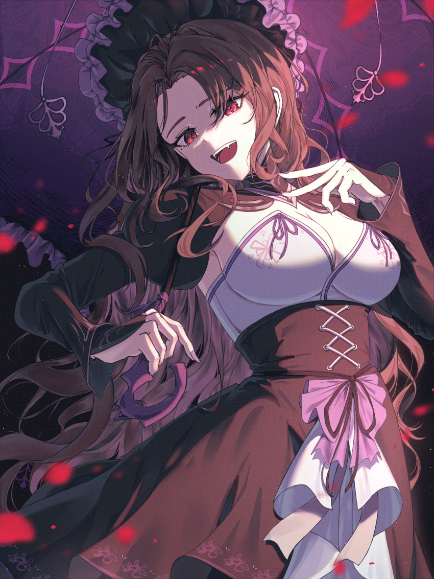 1girl, absurdres, black_bridal_gauntlets, black_shrug, black_skirt, breasts, bridal_gauntlets, brown_hair