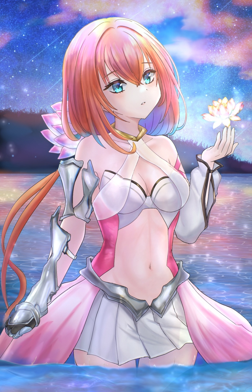 1girl, absurdres, bare_shoulders, blue_eyes, blue_hair, breasts, cleavage, cloud, commentary_request, detached_sleeves, flower, gauntlets, gradient_hair, hair_between_eyes, hand_up, highres, linea_(shironeko_project), long_hair, long_sleeves, looking_up, multicolored_hair, navel, night, orange_hair, outdoors, parted_lips, pleated_skirt, puffy_long_sleeves, puffy_sleeves, see-through_clothes, shironeko_project, shooting_star, single_detached_sleeve, single_gauntlet, skirt, sky, small_breasts, solo, star_(sky), starry_sky, sunameri_(pixiv3564245), very_long_hair, wading, water, water_lily_flower, white_skirt, white_sleeves