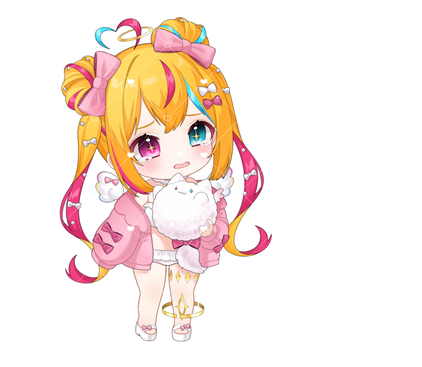 +_+, 1girl, ahoge, bikini, bikini_under_clothes, blonde_hair, blue_eyes, blue_hair