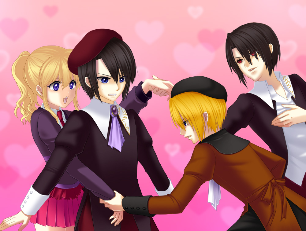 07th_expansion, 1girl, 3boys, aikabocha, alternate_color, black_hair, blonde_hair, blue_eyes