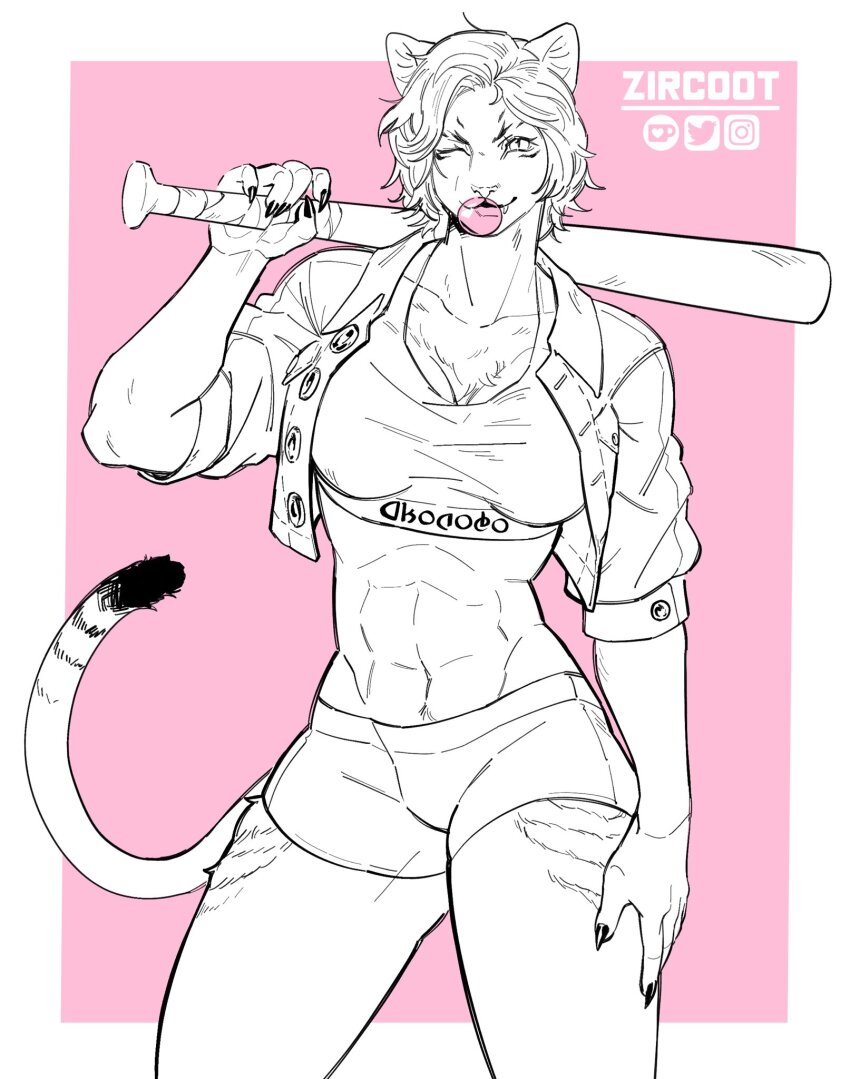 abs, animal_ears, baseball_bat, breasts, character_request, chewing_gum, cropped_jacket, final_fantasy, final_fantasy_xiv, furry, furry_female, highres, holding, holding_baseball_bat, hrothgar, jacket, monochrome, muscular, muscular_female, one_eye_closed, open_clothes, open_jacket, short_shorts, shorts, sports_bra, tail, zircoot
