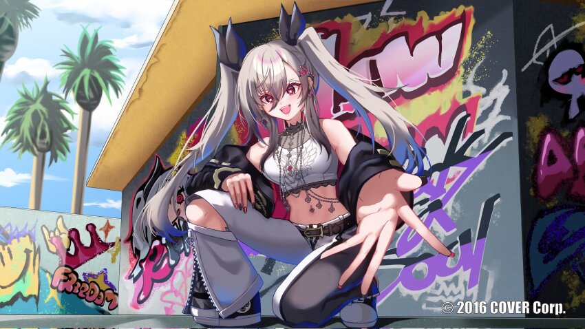 1girl, :d, alternate_hairstyle, armlet, bell-bottoms, belt, black_belt, black_bow