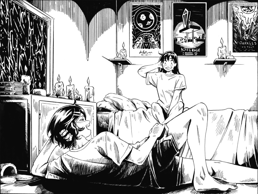 2girls, barefoot, bed, bedroom, between_legs, blush, book, book_stack, candle, candlelight, commentary, cupboard, dolphin_shorts, english_commentary, eye_contact, foot_out_of_frame, futsuu_no_keion-bu, greyscale, hair_ornament, hairpin, half-closed_eyes, hand_between_legs, hand_in_own_hair, hand_on_own_head, hand_on_own_hip, hatching_(texture), hatono_chihiro, head_rest, highres, iceghost, indoors, knee_up, kouyama_rin, linear_hatching, lineart, long_hair, looking_at_another, lying, monochrome, multiple_girls, nervous, nervous_sweating, on_bed, on_floor, on_side, open_mouth, pillow, poster_(object), sanpaku, shirt, short_hair, short_shorts, short_sleeves, shorts, side_ahoge, sitting, slippers, smile, sweat, t-shirt, toes, unworn_slippers, window