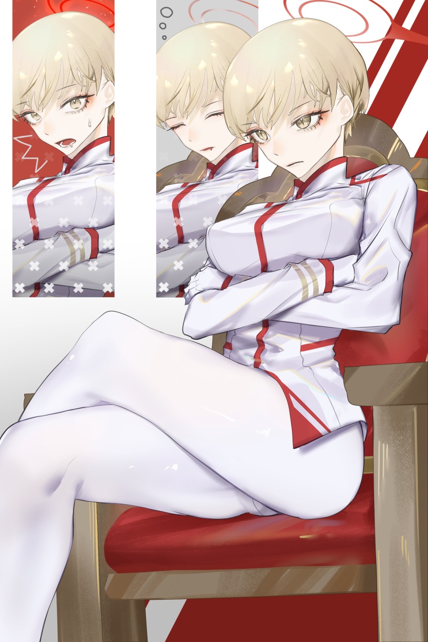 1girl, absurdres, blonde_hair, blue_archive, chair, closed_eyes, closed_mouth, commentary