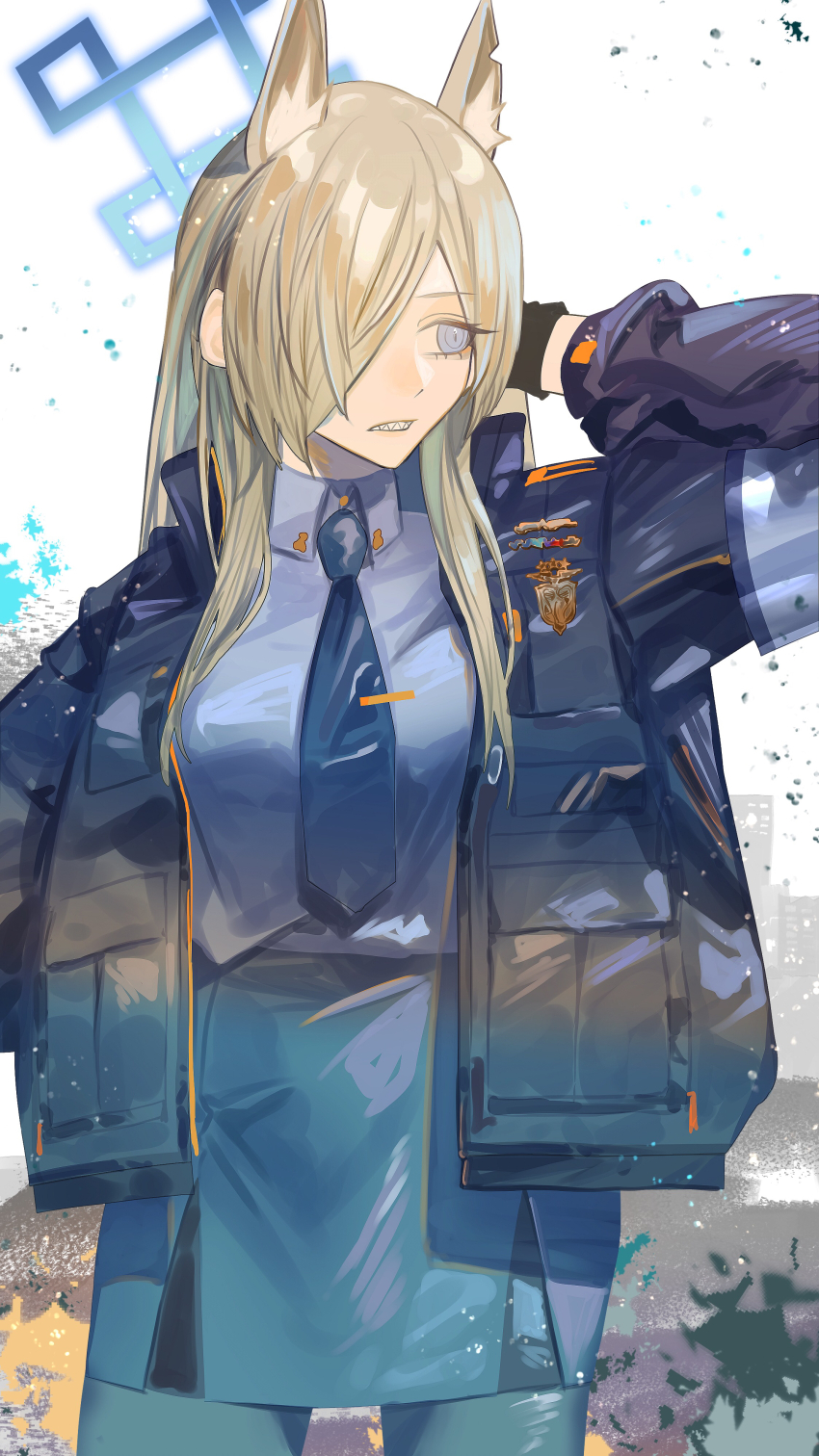 1girl, absurdres, animal_ear_fluff, animal_ears, black_jacket, black_necktie, blonde_hair, blue_archive
