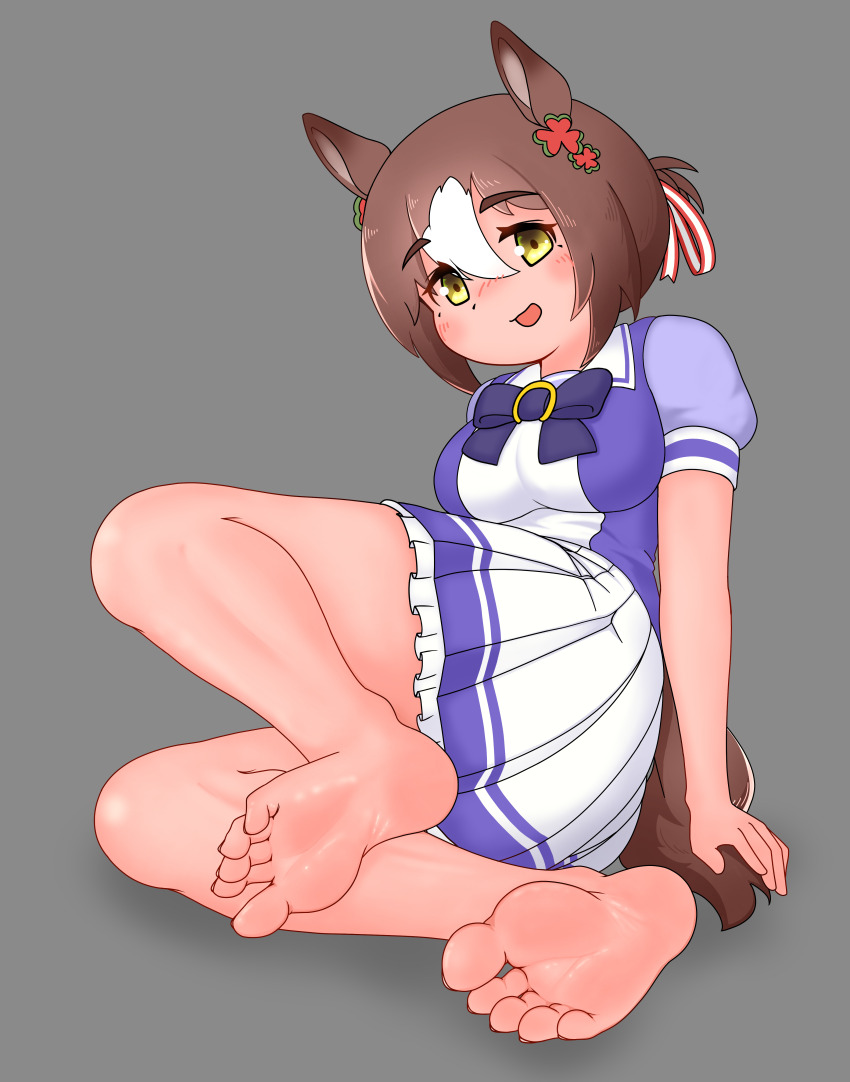 1girl, absurdres, barefoot, blush, bow, breasts, brown_hair, commentary