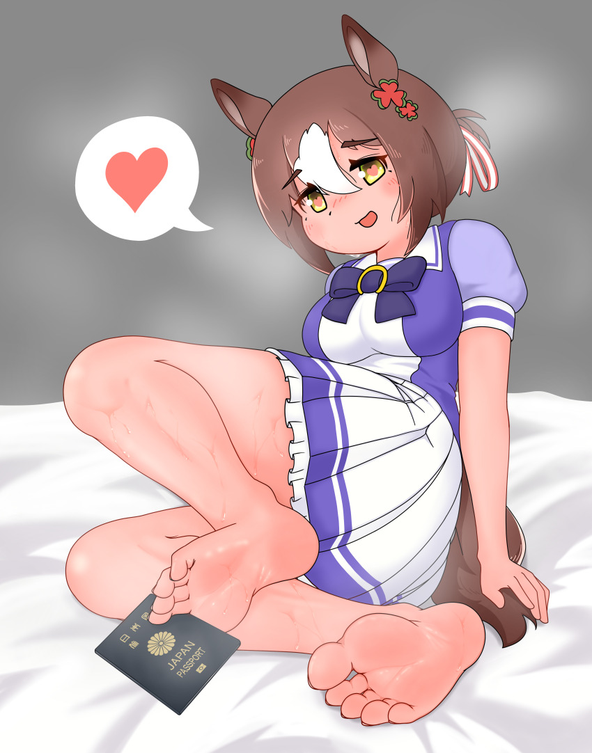 1girl, absurdres, barefoot, blush, bow, breasts, brown_hair, commentary, commission, feet, fine_motion_(umamusume), foot_focus, green_eyes, hair_between_eyes, hair_bun, heart, heart-shaped_pupils, highres, holding_with_feet, horse_girl, medium_breasts, mintia1911, multicolored_hair, on_bed, open_mouth, passport, petticoat, pleated_skirt, puffy_short_sleeves, puffy_sleeves, purple_bow, purple_skirt, sailor_collar, school_uniform, short_hair, short_sleeves, skeb_commission, skirt, smile, soles, solo, spoken_heart, steaming_body, streaked_hair, summer_uniform, symbol-shaped_pupils, toes, tracen_school_uniform, umamusume, white_hair, white_skirt