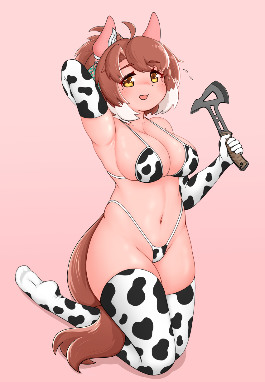 1girl, absurdres, ahoge, alternate_costume, animal_print, arm_up, armpits, axe