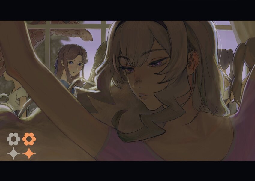 6+girls, arms_up, blonde_hair, blush, brown_hair, closed_mouth, commentary, dancing