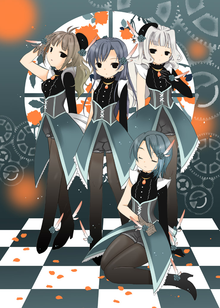 4girls, akizuki_ritsuko, asymmetrical_clothes, bad_id, bad_pixiv_id, beret, black_eyes, blue_hair