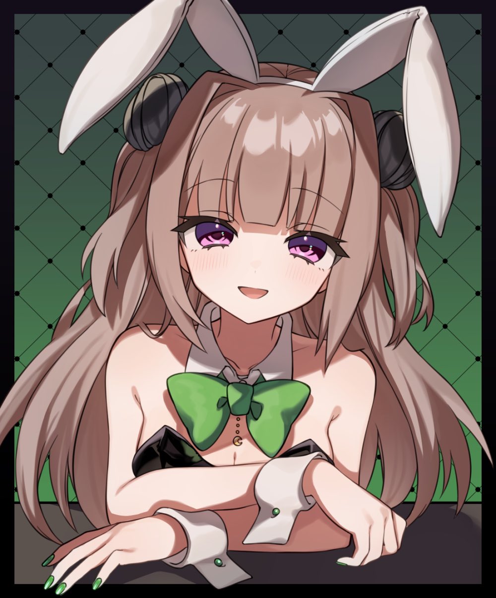 1girl, :d, animal_ear_hairband, animal_ears, arm_on_table, arm_rest, bare_shoulders, black_border, black_leotard, blunt_ends, blush, border, bow, bowtie, breasts, brown_hair, bunny_girl_(akasaki), chahara_yaya, cleavage, collarbone, commentary_request, crescent_pendant, crossed_arms, detached_collar, double_bun, eyelashes, fake_animal_ears, green_background, green_bow, green_bowtie, green_nails, hair_bun, hair_intakes, hairband, highres, indie_virtual_youtuber, leotard, long_hair, looking_at_viewer, open_mouth, outside_border, playboy_bunny, purple_eyes, rabbit_ear_hairband, rabbit_ears, side_up_bun, smile, solo, strapless, strapless_leotard, tsukinowa_noa, two_side_up, virtual_youtuber, white_hairband, white_wrist_cuffs, wrist_cuffs