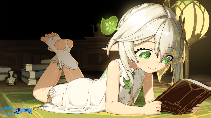 1girl, blush, book, carpet, chinese_commentary, cross-shaped_pupils, dress, genshin_impact, gradient_hair, green_carpet, green_eyes, green_hair, hair_between_eyes, hair_ornament, highres, holding, holding_book, indoors, inkwell, lamp, leaf_hair_ornament, long_hair, lying, multicolored_hair, nahida_(genshin_impact), on_stomach, pile_of_books, pixiv_username, reading, side_ponytail, smile, soles, solo, symbol-shaped_pupils, teapot, toeless_footwear, toes, white_dress, white_footwear, white_hair, wooden_floor, yyboy