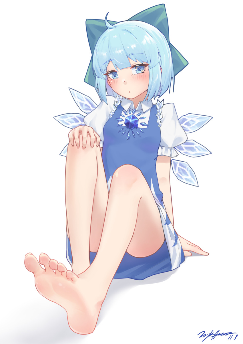 1girl, absurdres, ahoge, arm_support, bare_legs, barefoot, blue_bow, blue_dress, blue_eyes, blue_hair, blunt_bangs, blush, bow, breasts, cirno, commentary_request, convenient_leg, dress, feet, foot_focus, hair_bow, hand_on_knees, highres, ice, ice_wings, knee_blush, knees_up, littiecy, looking_at_viewer, puffy_short_sleeves, puffy_sleeves, short_hair, short_sleeves, signature, simple_background, sitting, small_breasts, soles, solo, toenails, toes, touhou, white_background, wing_collar, wings