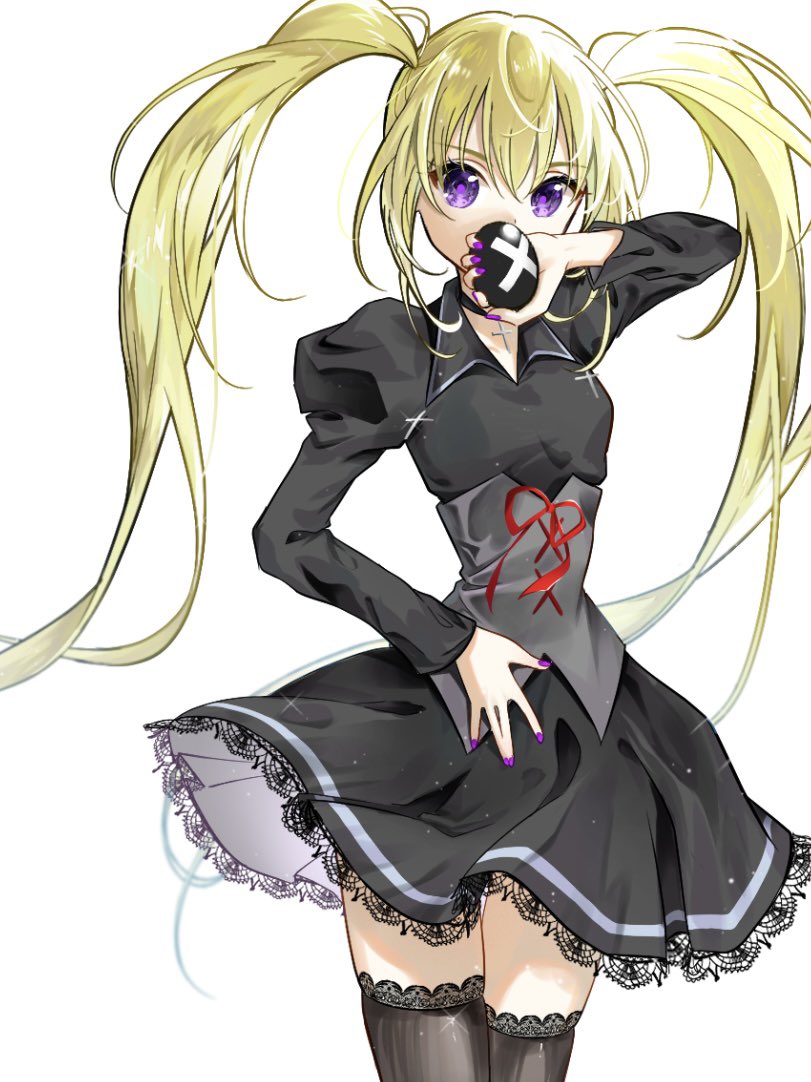 1girl, black_dress, black_thighhighs, blonde_hair, collared_shirt, commentary_request, corset, cross, dress, egg, hair_between_eyes, holding, holding_egg, hoshina_utau, juliet_sleeves, long_sleeves, looking_at_viewer, puffy_sleeves, purple_eyes, purple_nails, shirt, shugo_chara!, sidelocks, simple_background, solo, thighhighs, wakuno_lemon, white_background, x-egg_(shugo_chara!)