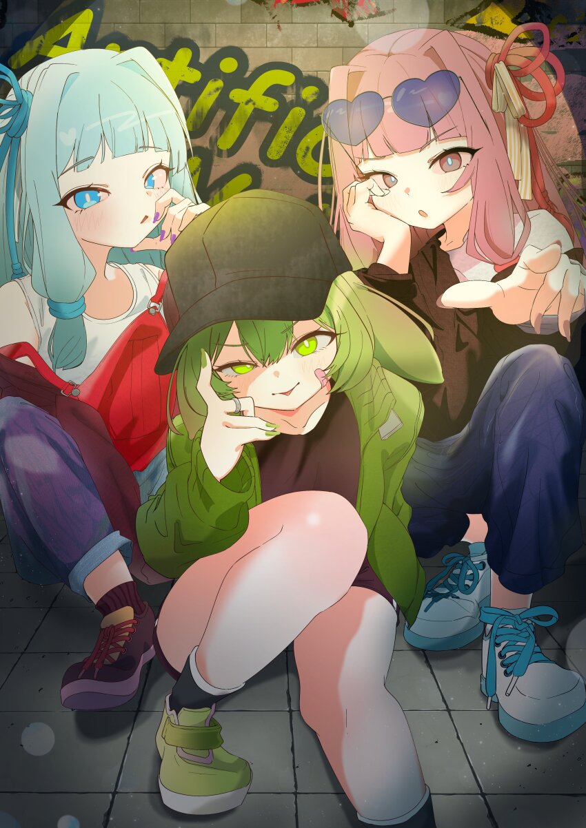 3girls, absurdres, alternate_costume, bandaid, bandaid_on_cheek, bandaid_on_face, baseball_cap, blue_eyes