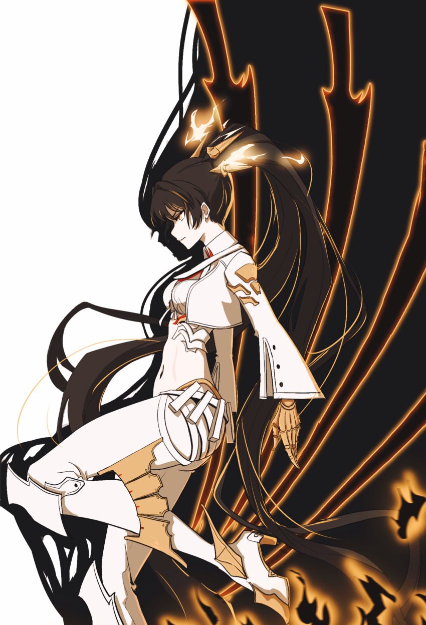 1girl, absurdly_long_hair, black_hair, fiery_hair, hair_ornament, high_heels, highleg, highleg_panties, highres, jacket, kin-dred, leggings, long_hair, long_sleeves, lucia:_pyroath_(pgr), lucia_(pgr), mechanical_hands, midriff, navel, panties, punishing:_gray_raven, red_eyes, solo, underwear, very_long_hair, white_jacket, white_leggings