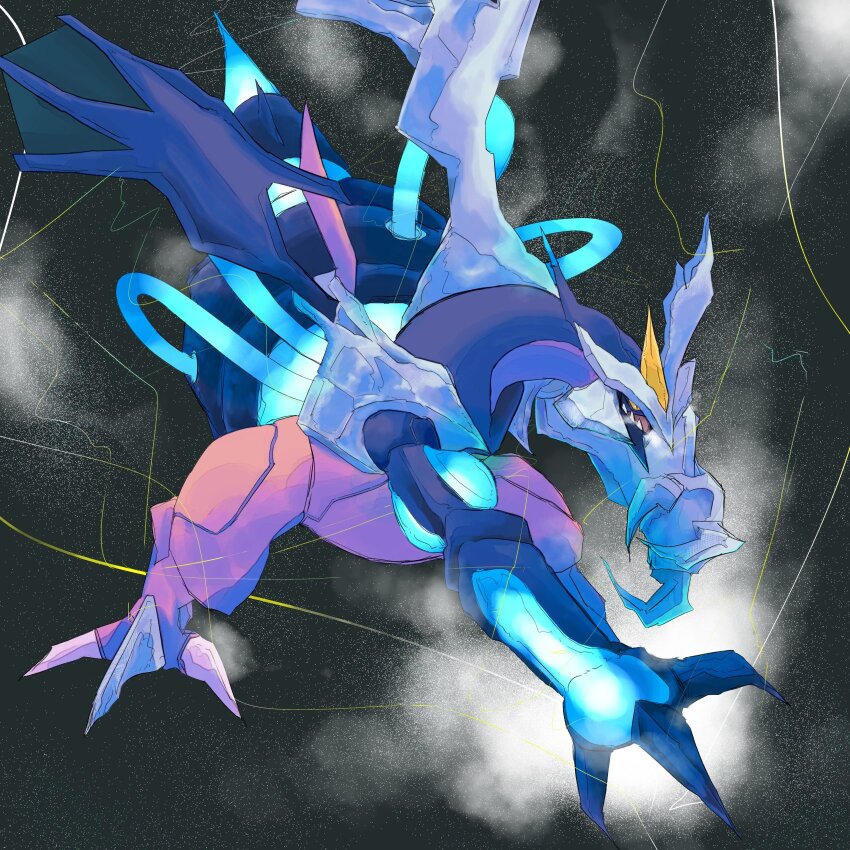 alternate_form, black_background, black_kyurem, black_kyurem_(overdrive), breath, claws, dragon, electricity, electrokinesis, fog, full_body, gen_5_pokemon, glowing, glowing_arm, glowing_tail, highres, ice, kyurem, legendary_pokemon, looking_ahead, lower_teeth_only, nintendo, no_humans, open_mouth, pokemon, pokemon_(creature), pokemon_focus, sharp_teeth, slit_pupils, strong_kakikaki, teeth, tube, wings, yellow_eyes