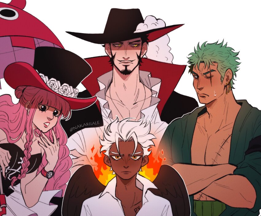 1girl, 3boys, bandana_around_arm, black_dress, black_hair, black_wings, blunt_bangs, closed_mouth