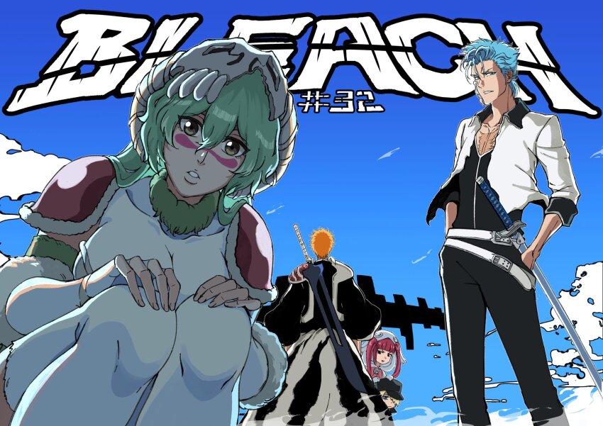 2girls, 3boys, arrancar, bleach, bleach:_sennen_kessen-hen, breasts, dokugamine_riruka, green_hair
