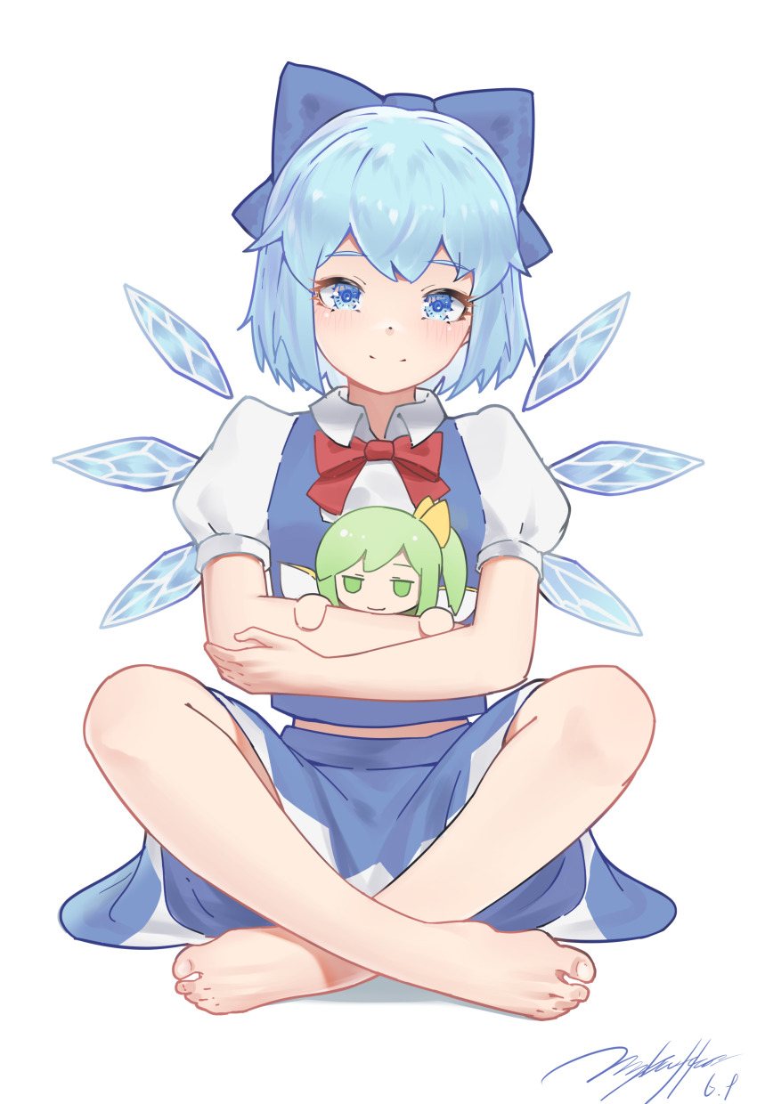 1girl, absurdres, bare_legs, barefoot, blue_bow, blue_eyes, blue_hair, blue_skirt