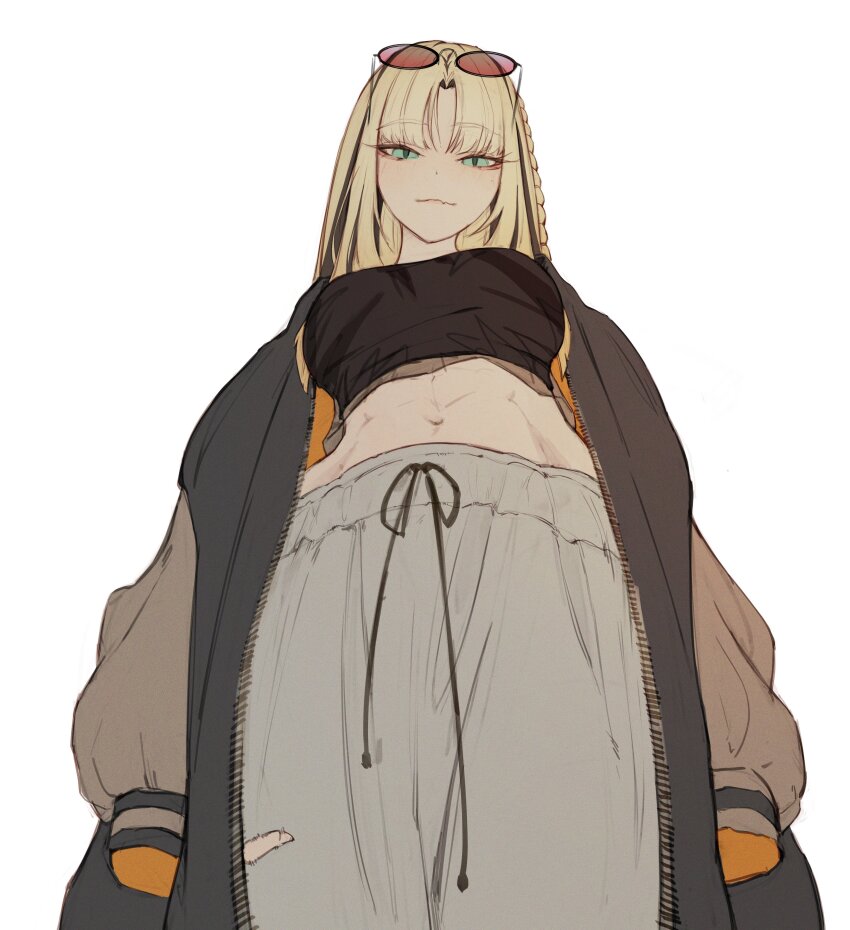 1girl, abs, absurdres, black_hair, black_jacket, black_shirt, blonde_hair, braid