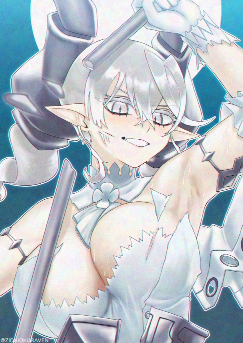 1girl, armpits, bare_shoulders, breasts, broken, broken_weapon, cleavage, demon_girl