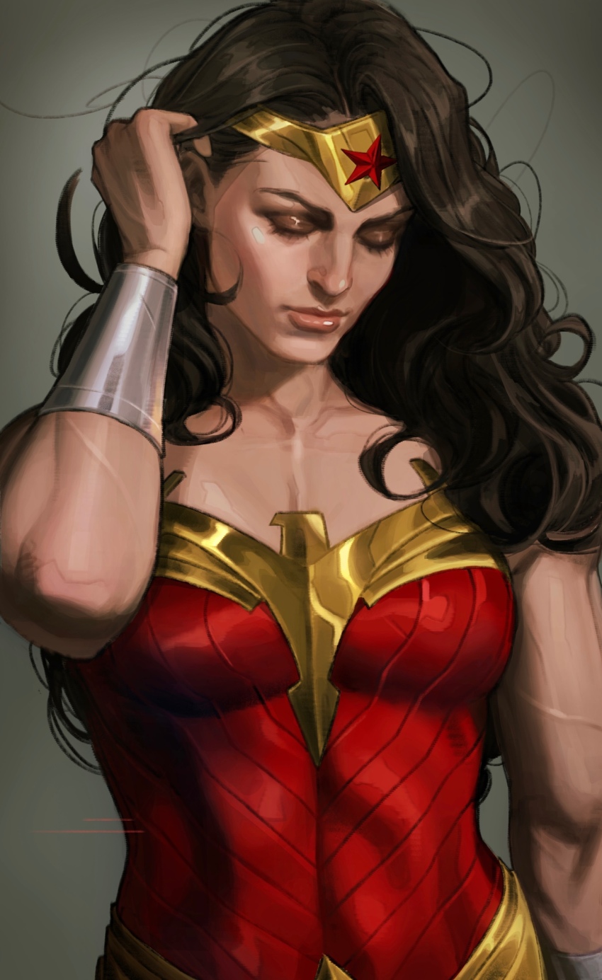 1girl, adjusting_hair, black_hair, bracer, breasts, closed_eyes, collarbone, comic_cover, commentary, dc_comics, english_commentary, highres, jswayart, long_hair, medium_breasts, muscular, muscular_female, official_art, simple_background, solo, star_(symbol), superhero_costume, textless_version, tiara, wonder_woman, wonder_woman_(series)