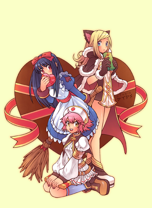 2000s_(style), 3girls, alice_(ragnarok_online), animal_ears, apron, bad_id, black_hair, blue_dress, boots, bow, box, breasts, broom, brown_cape, brown_dress, brown_footwear, brown_gloves, cape, cat_ears, cat_girl, commentary_request, copyright_notice, cross, dated_commentary, dress, full_body, fur-trimmed_cape, fur-trimmed_gloves, fur_trim, game_master_(ragnarok_online), gloves, hair_bow, hat, heart-shaped_box, high_wizard_(ragnarok_online), holding, holding_broom, juliet_sleeves, korean_commentary, layered_dress, leaning_forward, long_hair, long_sleeves, looking_at_viewer, medium_breasts, monster_gogo, multiple_girls, nurse_cap, official_art, open_mouth, pink_hair, puffy_long_sleeves, puffy_sleeves, ragnarok_online, red_bow, red_cross, red_eyes, seiza, short_dress, short_hair, sitting, smile, swept_bangs, two-tone_dress, valentine, white_apron, white_dress, white_footwear, yellow_background