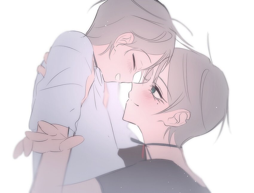 1boy, 1girl, aged_down, alien_stage, black_shirt, carrying, carrying_person, choker, closed_mouth, forehead-to-forehead, green_eyes, grey_hair, heads_together, highres, io_(alien_stage), kyon_(kyonrp33f), mole, mole_under_eye, mother_and_child, mother_and_son, notched_ear, open_mouth, parent_and_child, shirt, short_hair, short_sleeves, simple_background, smile, till_(alien_stage), very_short_hair, white_background, white_shirt
