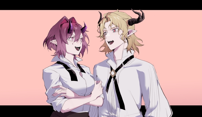 1boy, 1girl, arknights, ascalon_(arknights), ascalon_(young)_(arknights), blonde_hair, buttons, collared_shirt