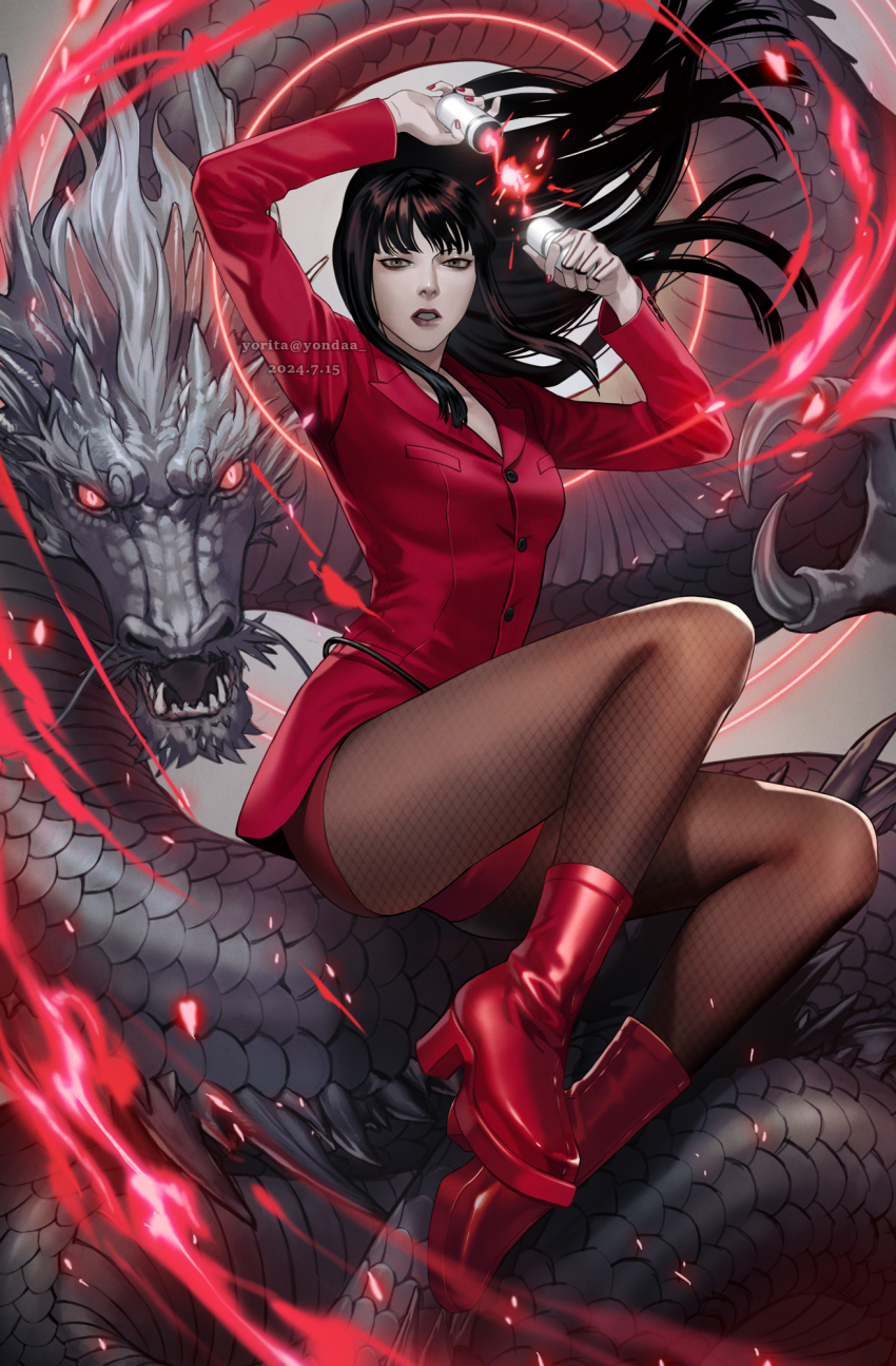 1girl, artist_name, black_hair, boots, buttons, claws, collarbone, colored_sclera