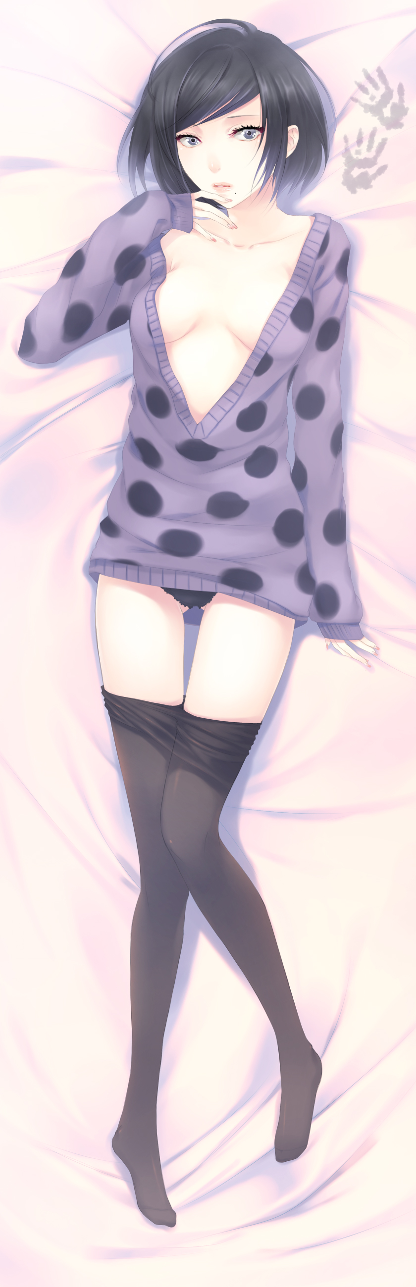 1girl, absurdres, bad_id, bad_pixiv_id, black_hair, blue_eyes, enigma, female_focus, finger_to_mouth, highres, kujouin_hiina, lying, mole, no_bra, on_back, panties, pantyhose, short_hair, solo, sweater, underwear, yoshimune_(b12f)