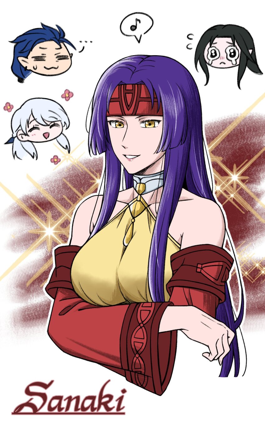 1girl, aged_up, arm_under_breasts, bare_shoulders, character_name, chibi, chibi_inset, chinese_commentary