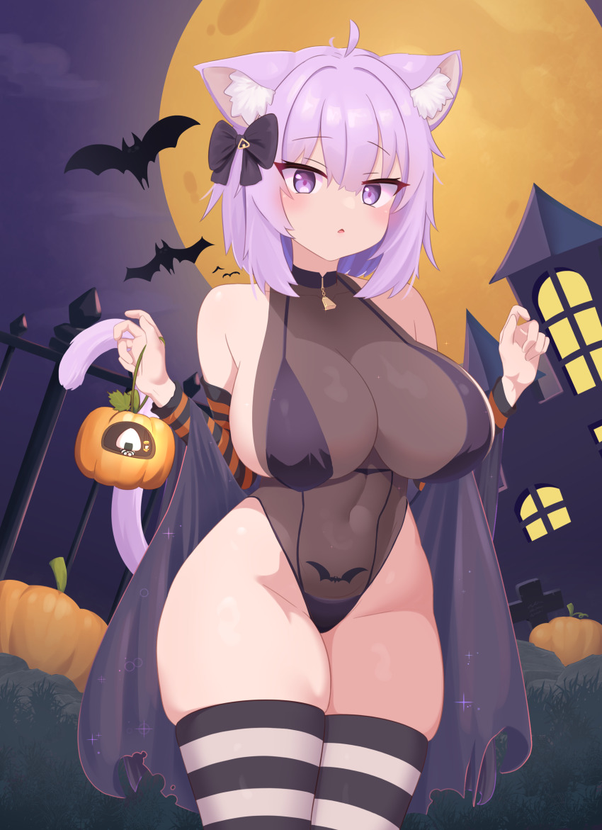 1girl, absurdres, animal_ear_fluff, animal_ears, bat_(animal), bat_tattoo, bikini, black_bikini, black_leotard, black_thighhighs, breasts, castle, cat_ears, cat_girl, cat_tail, cowboy_shot, full_moon, gabai, halloween, highres, hololive, horizontal-striped_thighhighs, large_breasts, leotard, moon, multicolored_thighhighs, nekomata_okayu, pubic_tattoo, pumpkin, purple_eyes, purple_hair, purple_tail, see-through_clothes, see-through_leotard, solo, swimsuit, tail, tattoo, thighhighs, two-tone_thighhighs, virtual_youtuber, white_thighhighs, zombie_(vocaloid)