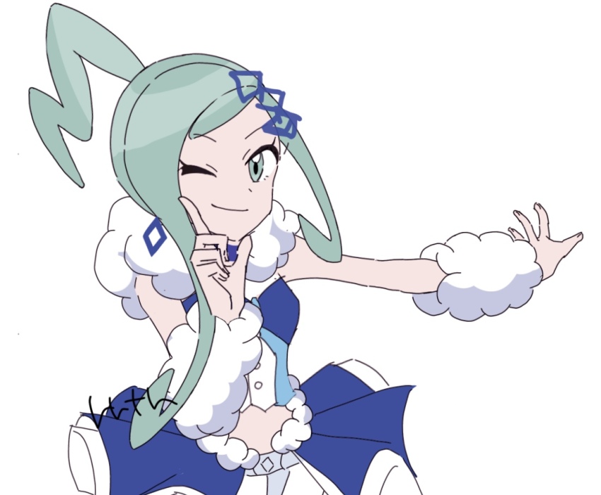 1girl, 6l226, ;), arm_warmers, asymmetrical_sidelocks, blue_skirt, blue_vest, closed_mouth, fur_scarf, green_eyes, green_hair, hair_ornament, hand_up, hoshino_ruby_dance, index_finger_raised, lisia_(pokemon), looking_at_viewer, nintendo, one_eye_closed, outstretched_arm, overskirt, pokemon, pokemon_omega_ruby_and_alpha_sapphire, ponytail, scarf, shorts, sidelocks, simple_background, skirt, smile, solo, vest, white_scarf, white_shorts