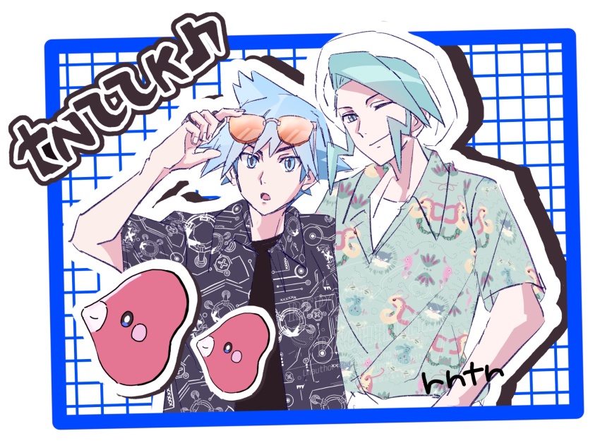 2boys, 6l226, :o, adjusting_eyewear, blue_hair, closed_mouth, collared_shirt, gen_3_pokemon, green_hair, green_shirt, grey_shirt, hand_up, hat, highres, luvdisc, male_focus, multiple_boys, nintendo, one_eye_closed, orange-tinted_eyewear, outline, pokemon, pokemon_(creature), pokemon_omega_ruby_and_alpha_sapphire, print_shirt, shirt, short_hair, steven_stone, sunglasses, tinted_eyewear, undershirt, wallace_(pokemon), white_hat
