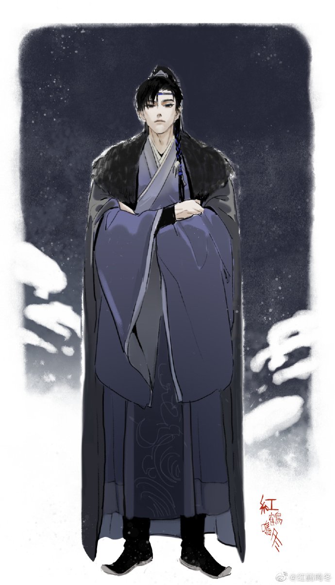 1boy, black_boots, black_cloak, black_eyes, black_hair, blue_hanfu, blue_headband, boots