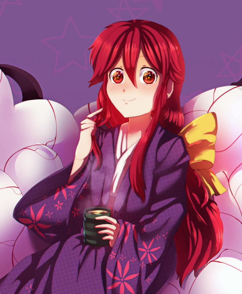 1girl, bow, closed_mouth, cowboy_shot, cup, dungeon_toaster, floral_print, floral_print_kimono