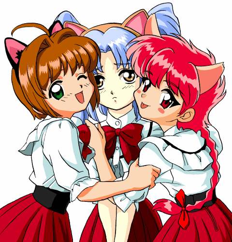 3girls, :p, animal_ears, blue_hair, blush, blush_stickers, brown_hair, cardcaptor_sakura