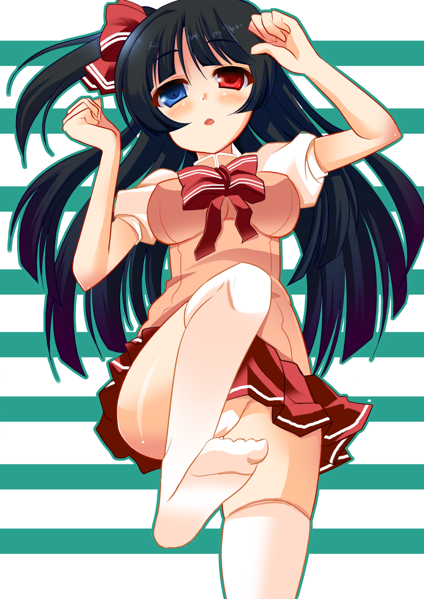 1girl, absurdres, black_hair, blue_eyes, blush, breasts, covered_erect_nipples, feet