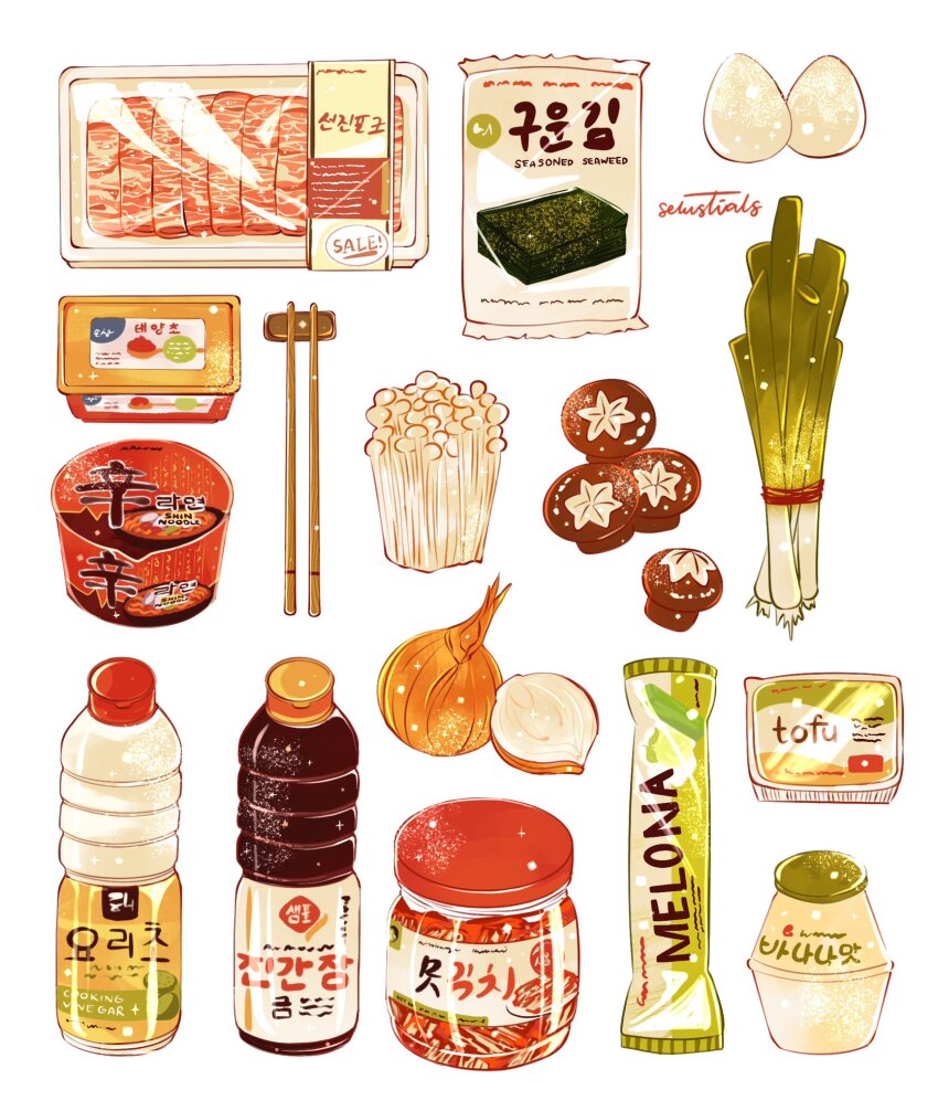 beef, bottle, chopstick_rest, chopsticks, enoki_mushroom, food, food_focus, food_request, highres, instant_cup_noodles, instant_noodles, instant_ramen, meat, mushroom, no_humans, nori_(seaweed), onion, original, raw_meat, selustials, spring_onion, tofu, white_background