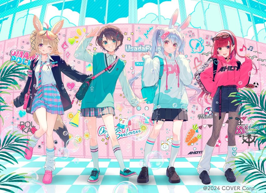 4girls, ;p, ahoge, alternate_costume, alternate_hairstyle, animal_ear_fluff, animal_ears, aqua_eyes