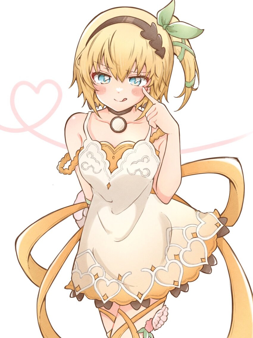 1girl, :q, black_hairband, blonde_hair, blue_eyes, bow, closed_mouth, collarbone, commentary, dress, edna_(tales), green_bow, green_ribbon, hair_bow, hair_ornament, hair_ribbon, hairband, heart, highres, kazunokoumaa_(mymyabyss), ribbon, short_dress, side_ponytail, simple_background, sleeveless, sleeveless_dress, smile, solo, standing, tales_of_(series), tales_of_zestiria, tongue, tongue_out, white_background, white_dress