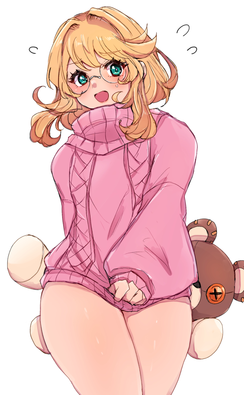 1boy, aqua_eyes, blonde_hair, blush, bridget_(guilty_gear), chemaru_(a8l), commentary, flying_sweatdrops, glasses, guilty_gear, guilty_gear_strive, guilty_gear_strive_x_tower_records, highres, looking_at_viewer, male_focus, medium_hair, official_alternate_costume, open_mouth, pink_sweater, roger_(guilty_gear), sidelocks, simple_background, smile, solo, stuffed_animal, stuffed_toy, sweater, teddy_bear, thighs, tower_records, trap, turtleneck, turtleneck_sweater, white_background