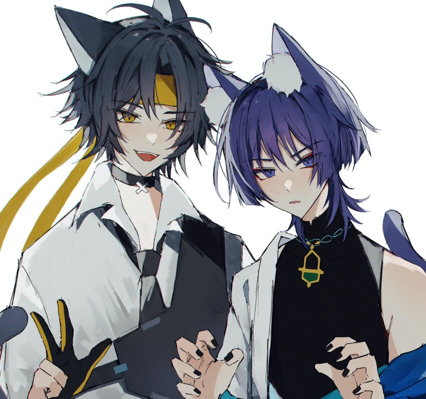 2boys, animal_ears, asaba_harumasa, black_hair, black_nails, cat_boy, cat_ears, cat_tail