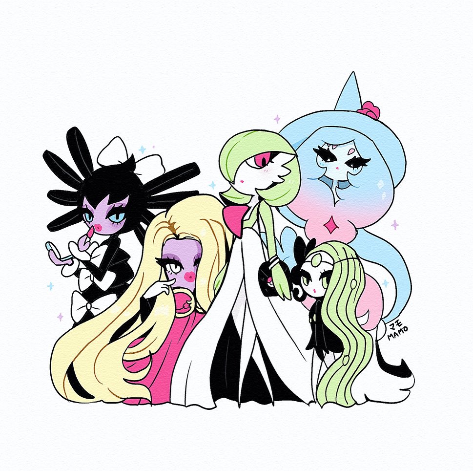 5girls, artist_name, black_sclera, blonde_hair, blue_eyes, bob_cut, bow, colored_sclera