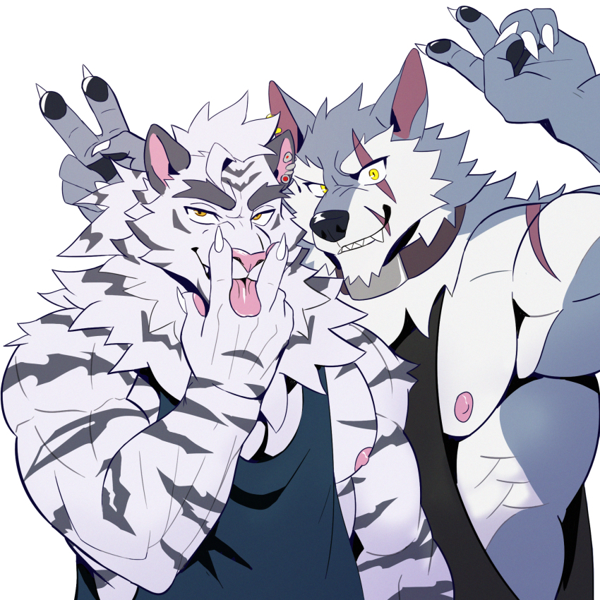 2boys, abs, bara, black_shirt, black_tank_top, blue_shirt, blue_tank_top, claws, collar, dislyte, double_v, ear_piercing, fangs, freddy_(fenrir)_(dislyte), furry, furry_male, highres, jin_qiu_(ru_shou)_(dislyte), looking_at_viewer, male_focus, multiple_boys, multiple_scars, muscular, muscular_male, nipples, orange_eyes, pawpads, peapeafur, pectorals, piercing, scar, scar_across_eye, scar_on_face, scar_on_mouth, scar_on_shoulder, shirt, sleeveless, sleeveless_shirt, smile, tank_top, tongue, tongue_out, upper_body, v, white_background, yellow_eyes