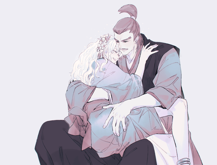 1boy, 1girl, :d, ^_^, ashikaga_yoshiteru_(sengoku_basara), braid, closed_eyes, couple, crown_braid, flower, grey_background, grin, hair_flower, hair_ornament, hand_on_another's_thigh, hetero, hug, japanese_clothes, khirzava, kimono, kyougoku_maria_(sengoku_basara), long_hair, looking_at_another, open_mouth, sengoku_basara, side_braids, simple_background, sitting, sitting_on_lap, sitting_on_person, smile, topknot, white_hair