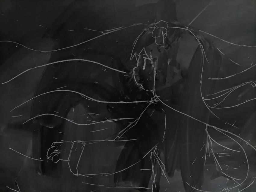 1girl, chalk_(medium), commentary, from_side, long_hair, long_sleeves, monochrome, mushroom_on_head